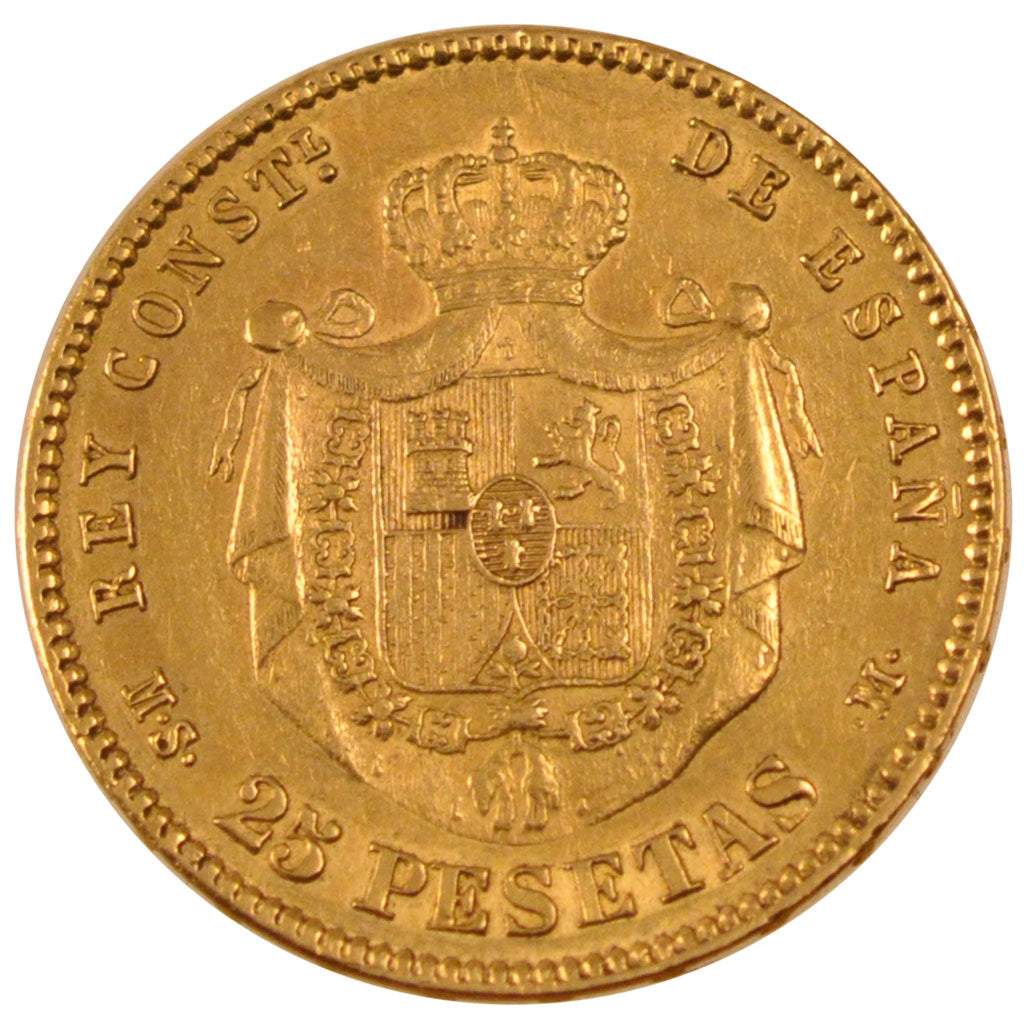 SPAIN, 25 Pesetas, 1881, Madrid, KM #687, AU(50-53), Gold, 8.06