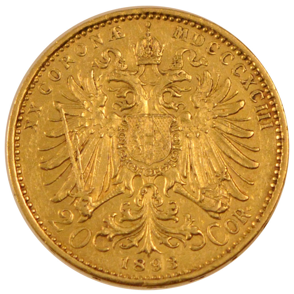 AUSTRIA, 20 Corona, 1893, KM #2806, AU(55-58), Gold, 21, 6.76