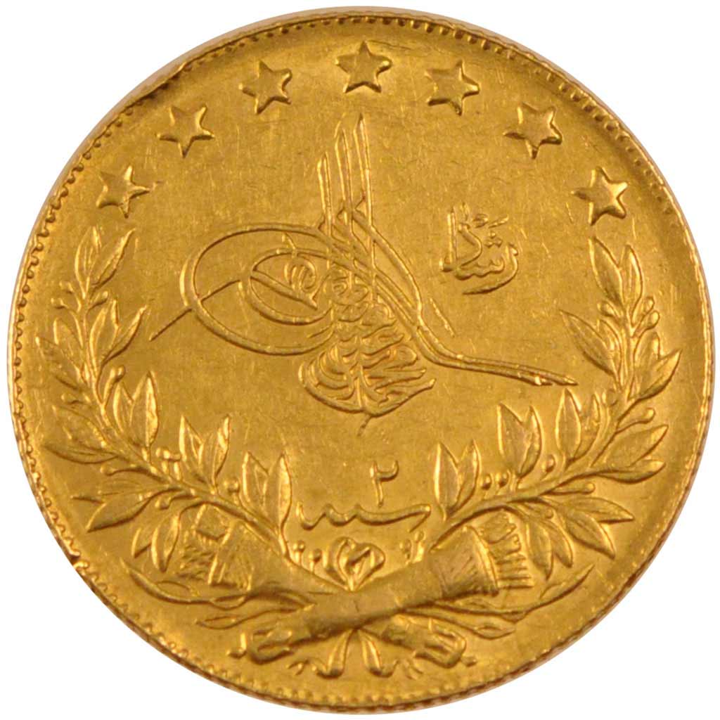 TURKEY, 100 Kurush, 1910, Qustantiniyah, KM #754, AU(50-53), Gold, 7.17