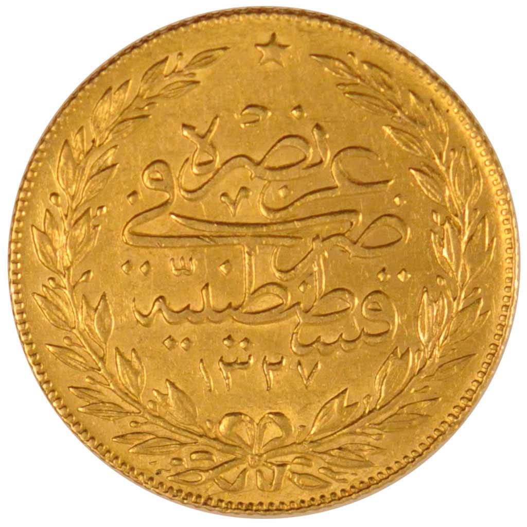 TURKEY, 100 Kurush, 1910, Qustantiniyah, KM #754, AU(50-53), Gold, 7.17