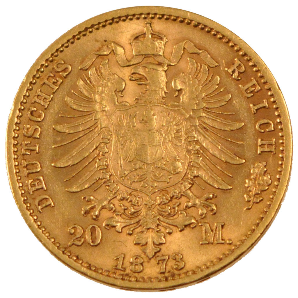 GERMAN STATES, 20 Mark, 1873, Muldenhütten, KM #1234, AU(55-58), Gold, 7.94