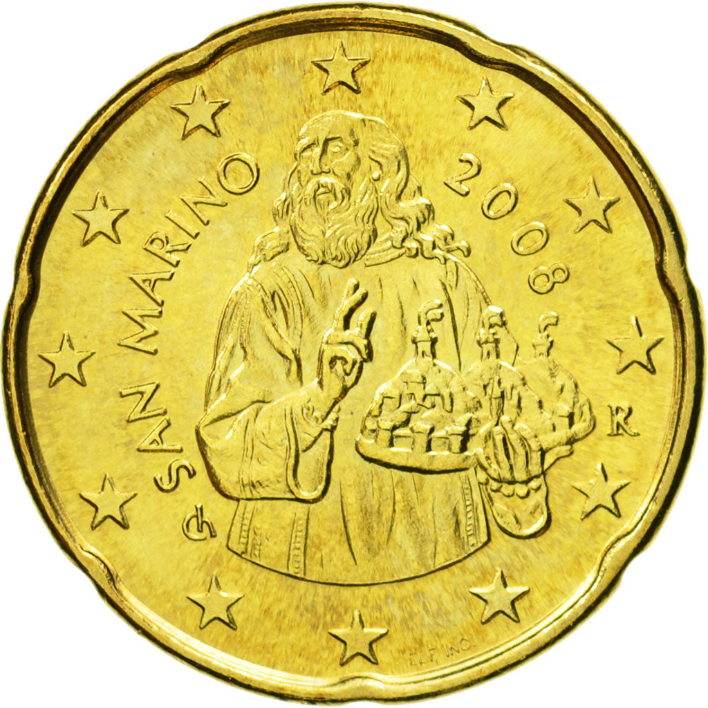 San Marino, 20 Euro Cent, 2008, MS(63), Brass, KM:483