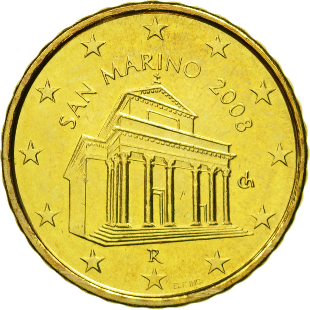 San Marino, 10 Euro Cent, 2008, MS(63), Brass, KM:482