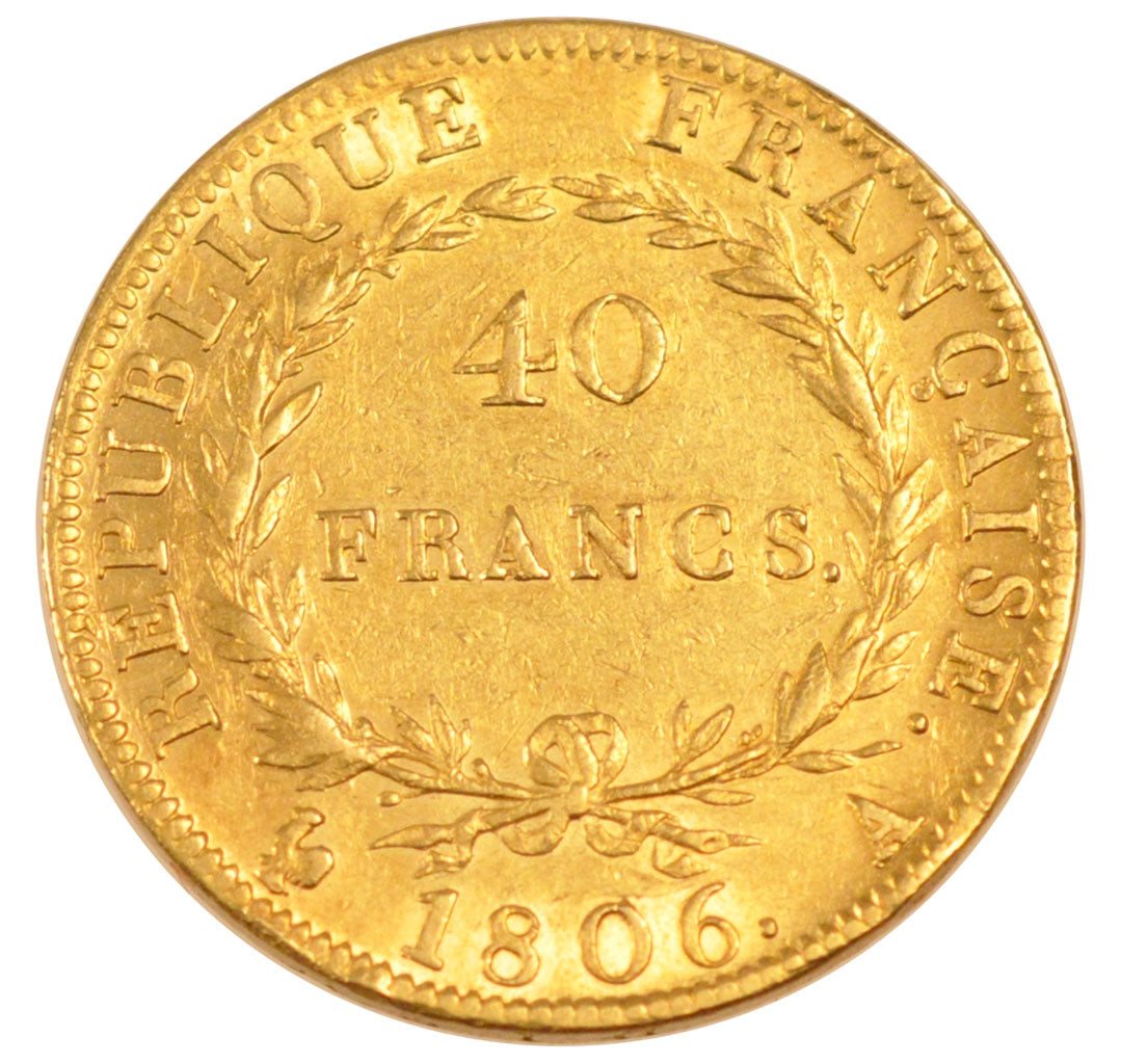 FRANCE, Napoléon I, 40 Francs, 1806, Paris, KM #675.1, AU(50-53), Gold, Gadoury 