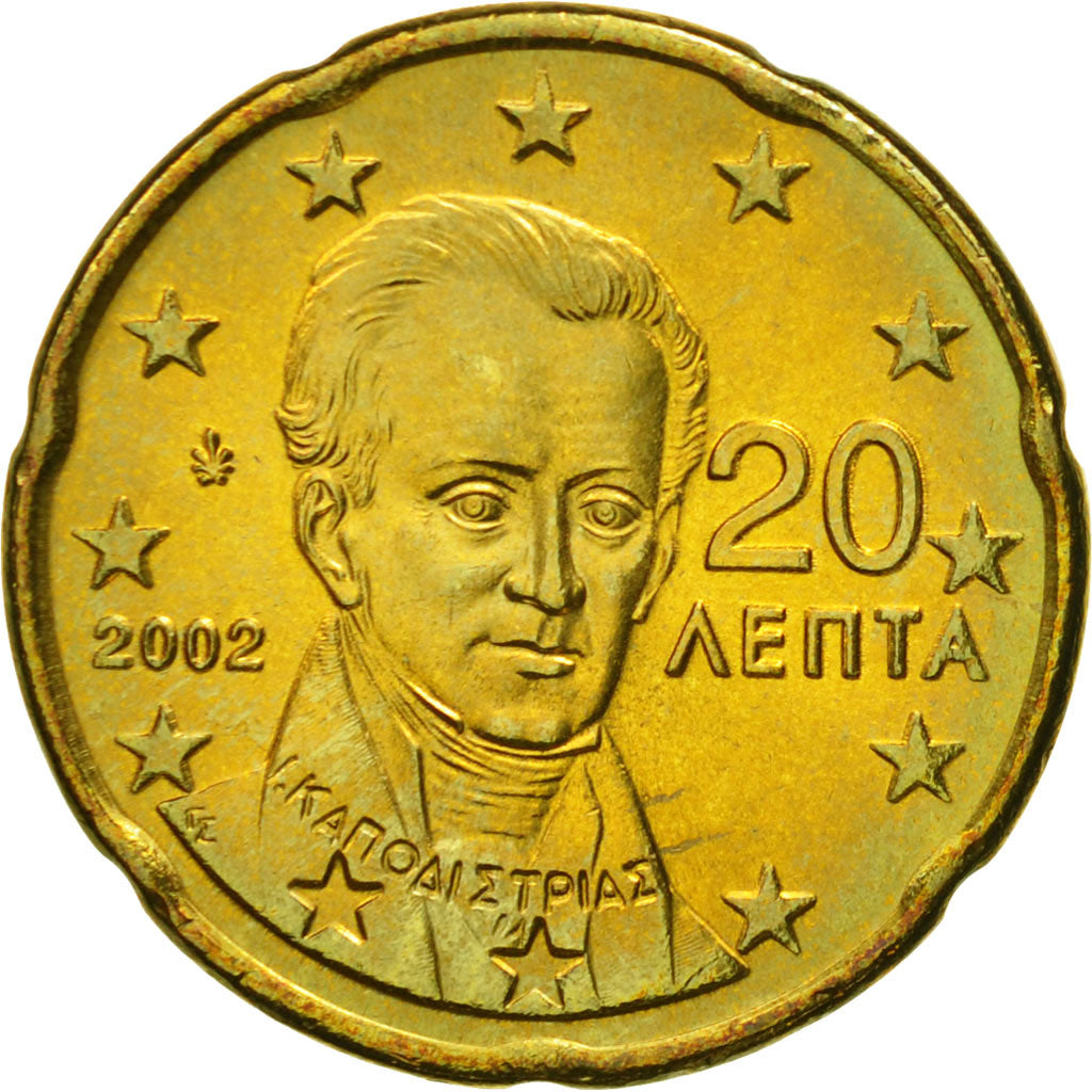 Grecia, 20 Euro Cent, 2002, SPL, Ottone, KM:185