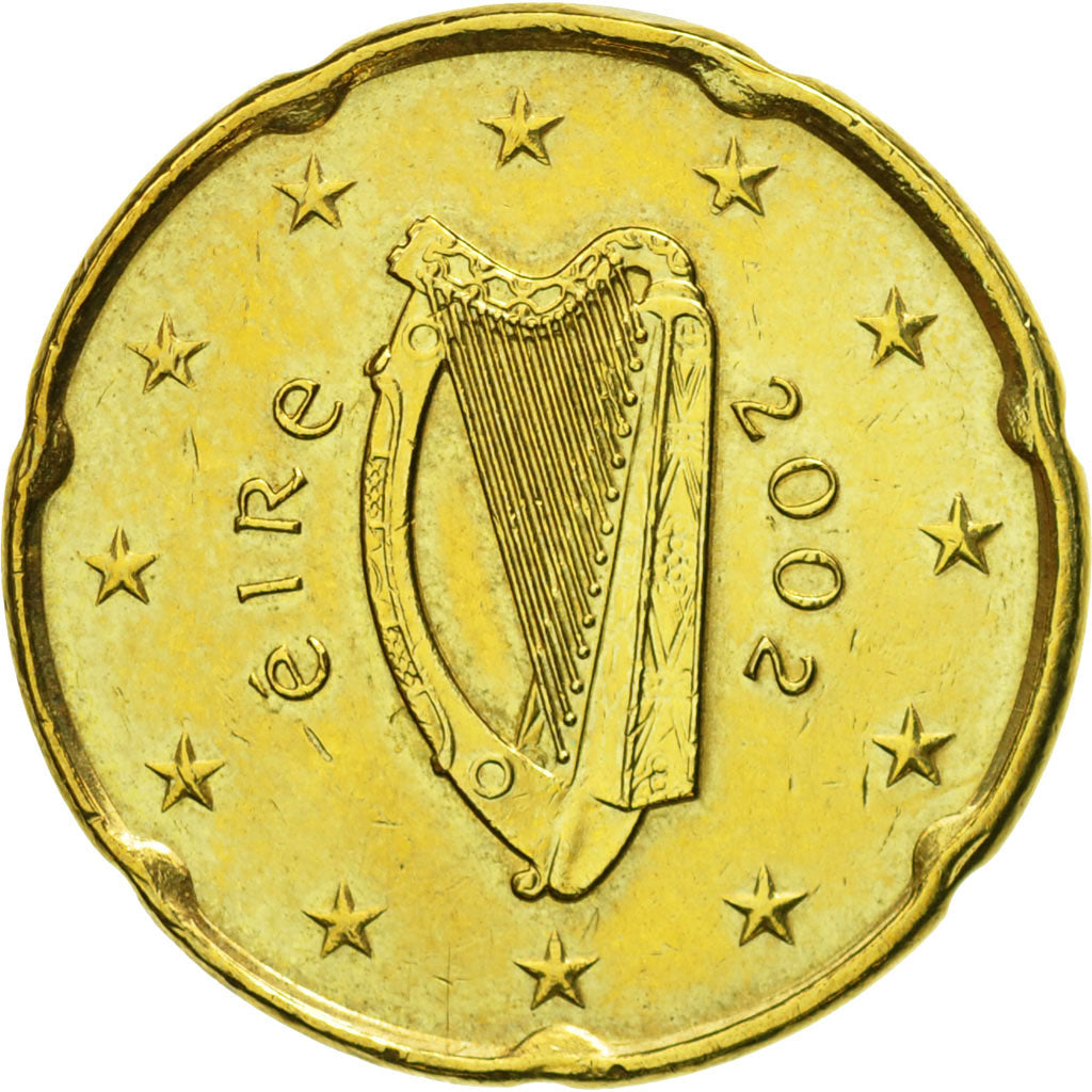IRELAND REPUBLIC, 20 Euro Cent, 2002, MS(60-62), Brass, KM:36