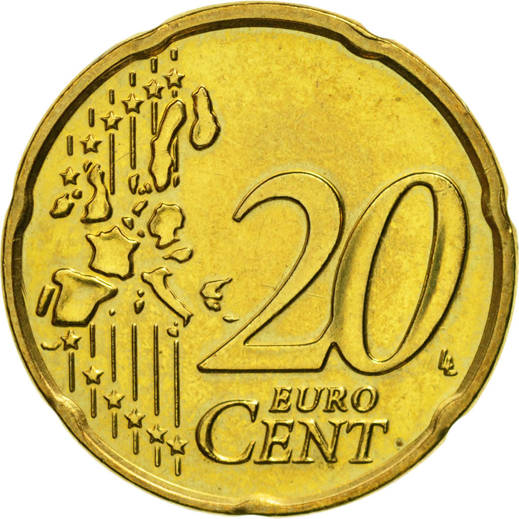 Países Bajos, 20 Euro Cent, 2002, EBC+, Latón, KM:238