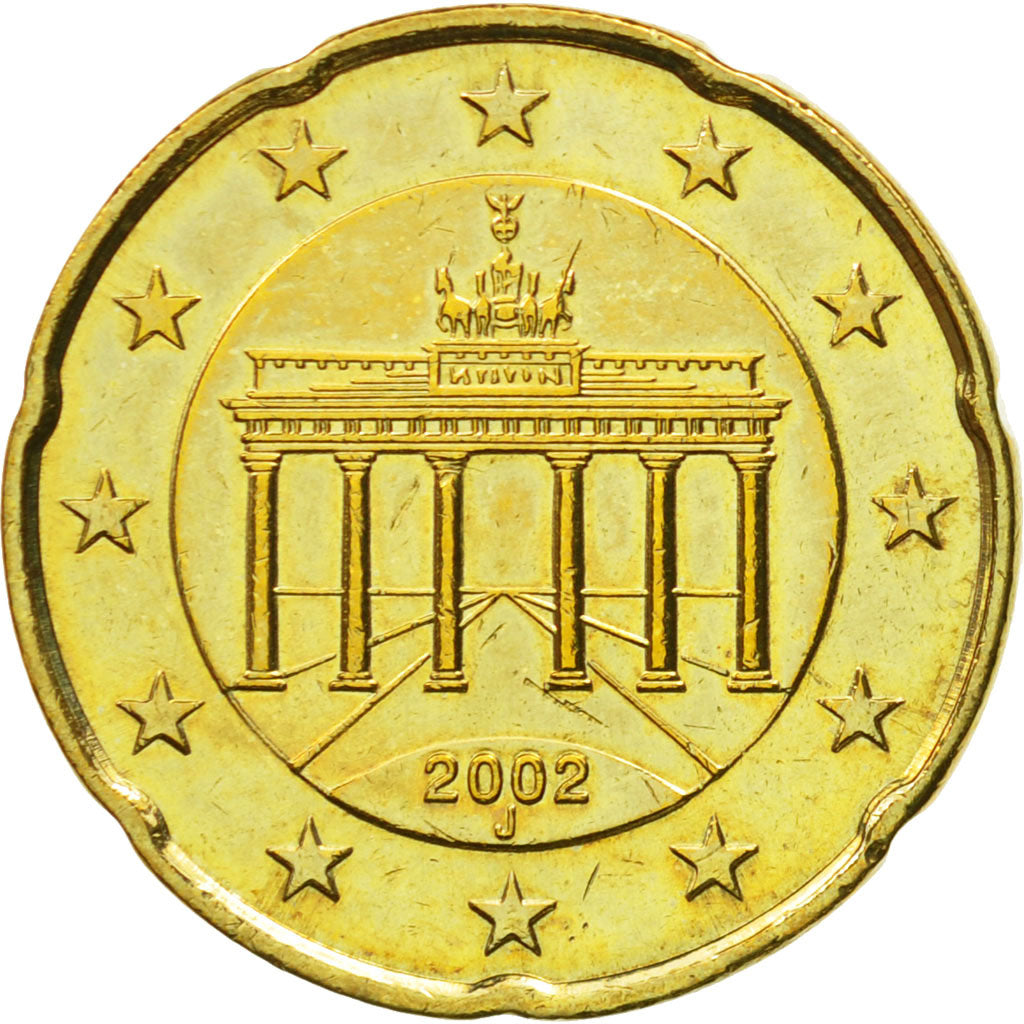 GERMANY - FEDERAL REPUBLIC, 20 Euro Cent, 2002, AU(55-58), Brass, KM:211