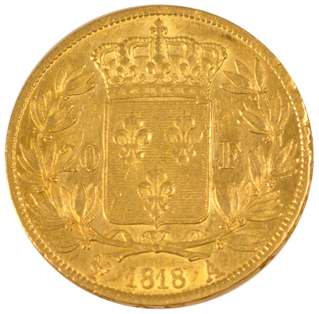 FRANCE, Louis XVIII, 20 Francs, 1818, Paris, KM #712.1, AU(50-53), Gold,...