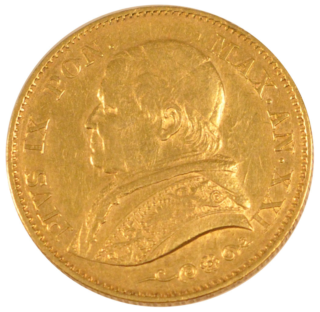 ITALIAN STATES, 20 Lire, 1866, Roma, KM #1382.2, EF(40-45), Gold, 6.43