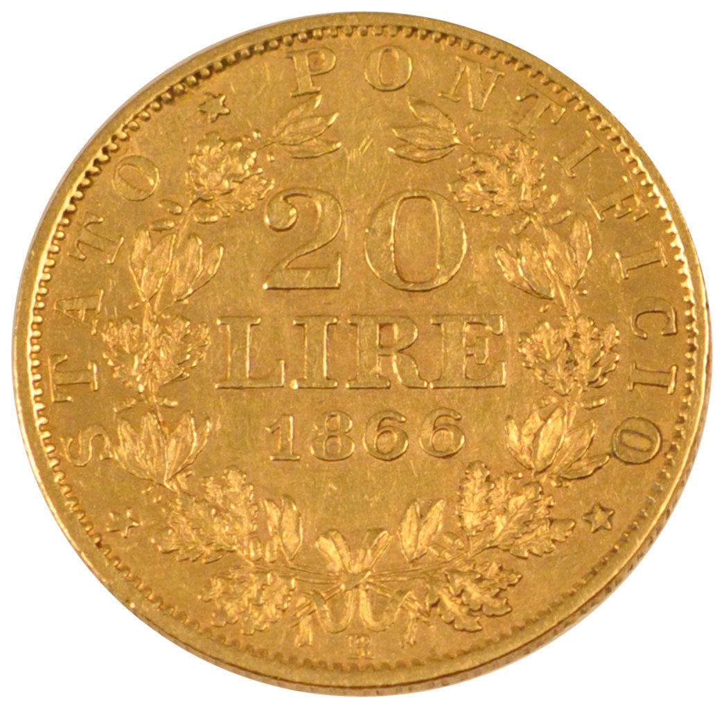 ITALIAN STATES, 20 Lire, 1866, Roma, KM #1382.2, EF(40-45), Gold, 6.43
