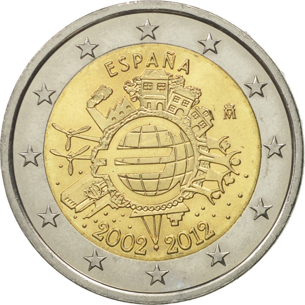 España, 2 Euro, 10 years euro, 2012, EBC+, Bimetálico, KM:1252