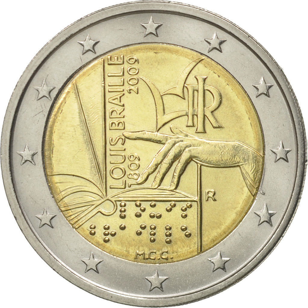 Italy, 2 Euro, Louis Braille, 2009, AU(55-58), Bi-Metallic, KM:310