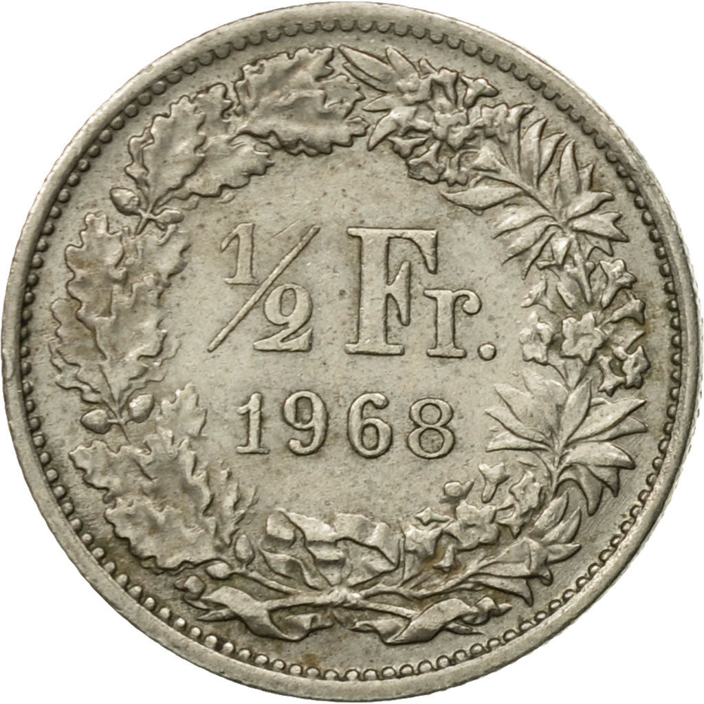 Moneda, Suiza, 1/2 Franc, 1968, Bern, BC+, Cobre - níquel, KM:23a.1