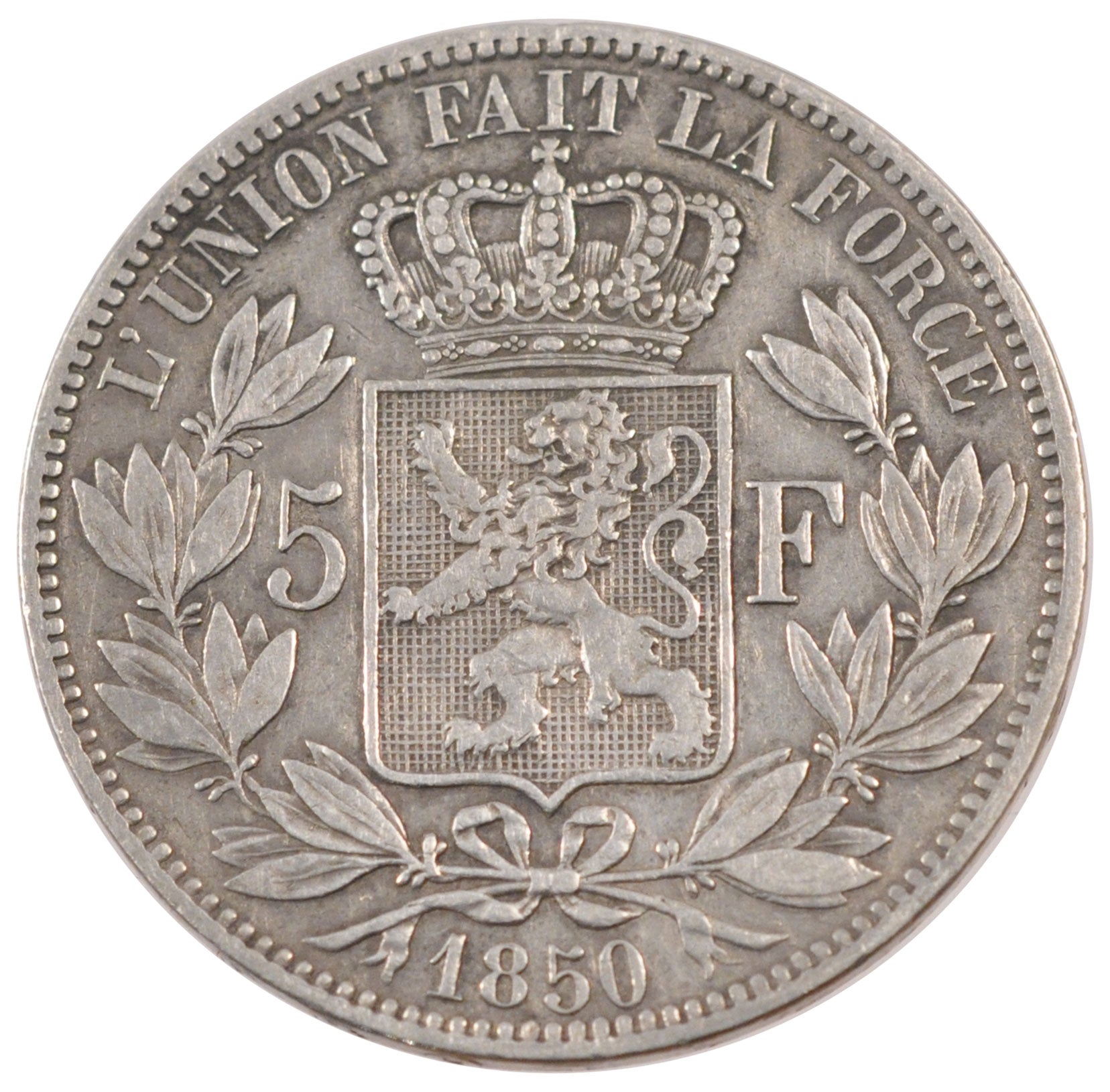 BELGIUM, 5 Francs, 5 Frank, 1850, KM #17, EF(40-45), Silver, 24.83