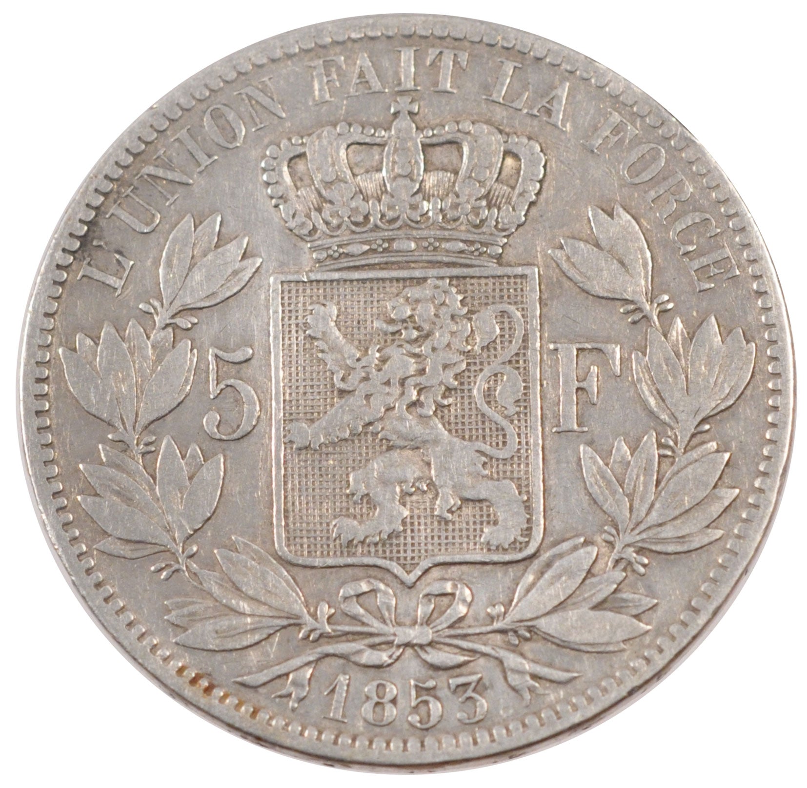 BELGIUM, 5 Francs, 5 Frank, 1853, KM #17, VF(30-35), Silver, 24.65