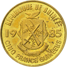 Moneta, Guinea, 5 Francs, 1985, SPL-, Acciaio ricoperto in ottone, KM:53