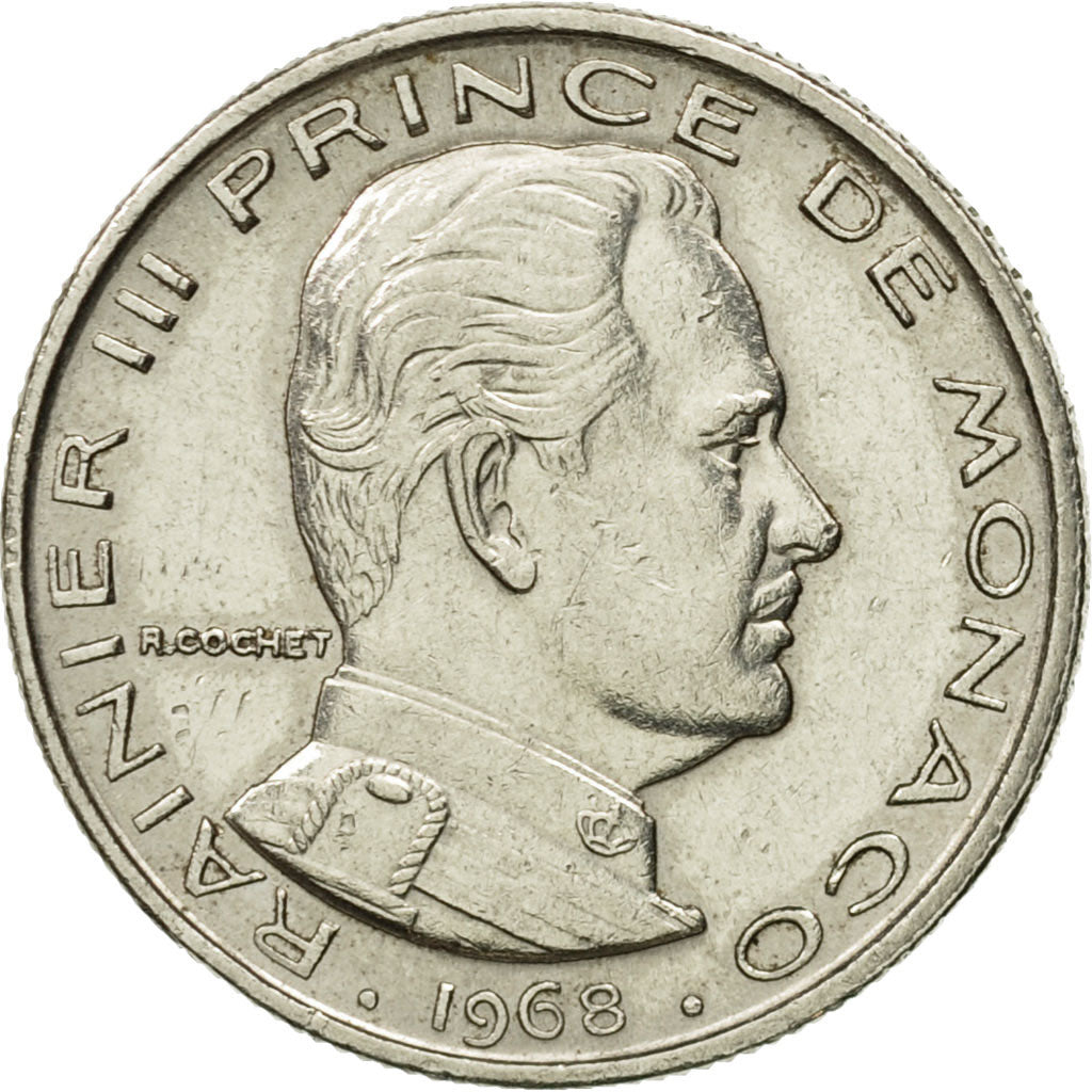 Coin, Monaco, Rainier III, 1/2 Franc, 1968, EF(40-45), Nickel, KM:145