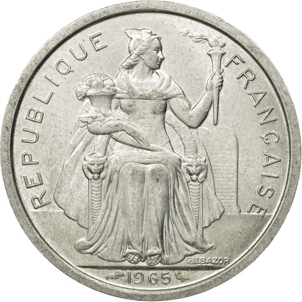 Moneda, Polinesia francesa, 2 Francs, 1965, MBC, Aluminio, KM:3