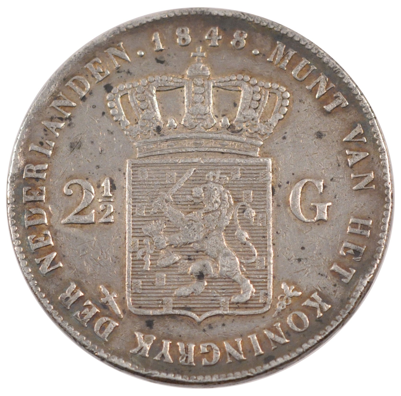 Netherlands, 2 1/2 Gulden, 1848, KM #69, VF(20-25), Silver, 24.66