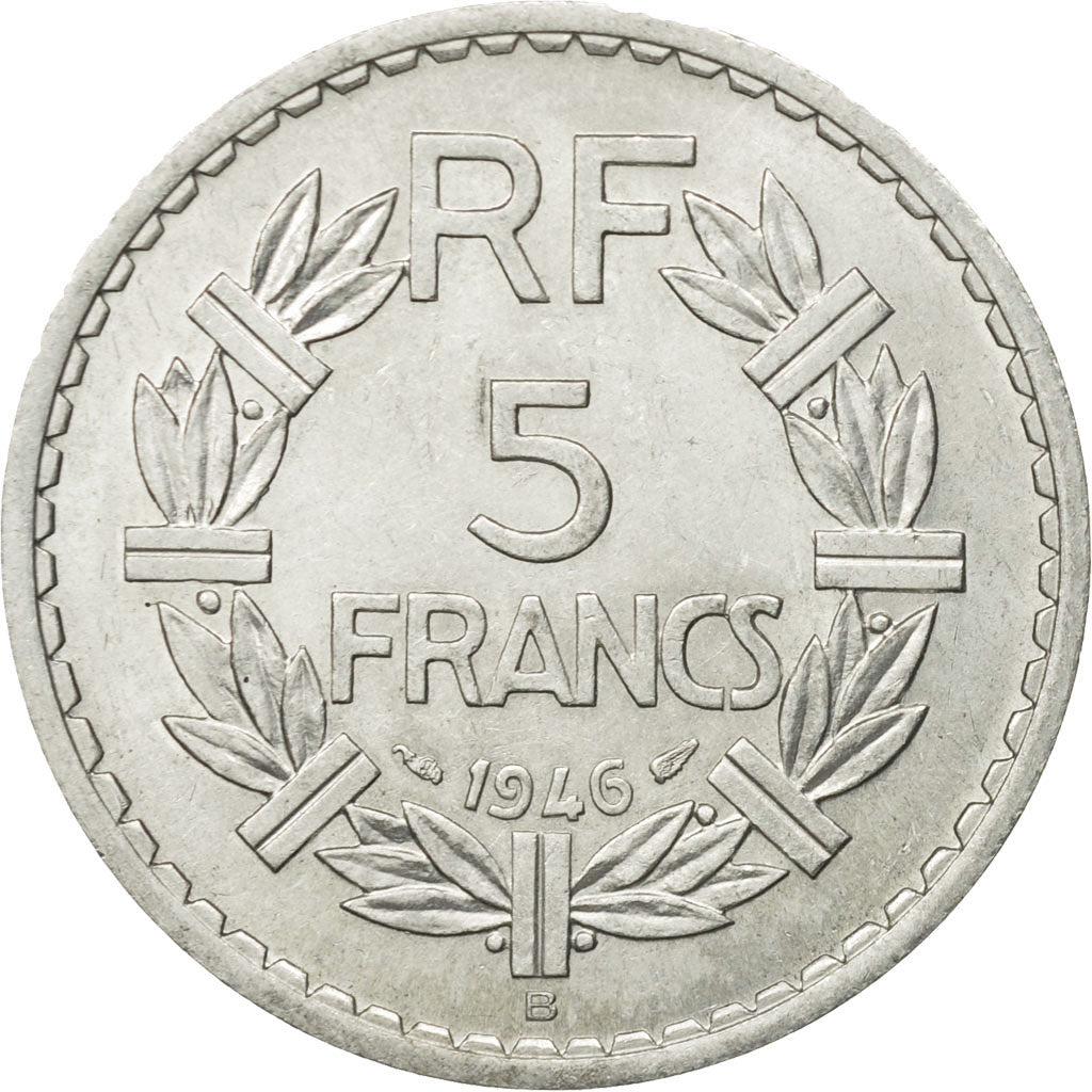 Moneda, Francia, Lavrillier, 5 Francs, 1946, Beaumont - Le Roger, EBC, Aluminio