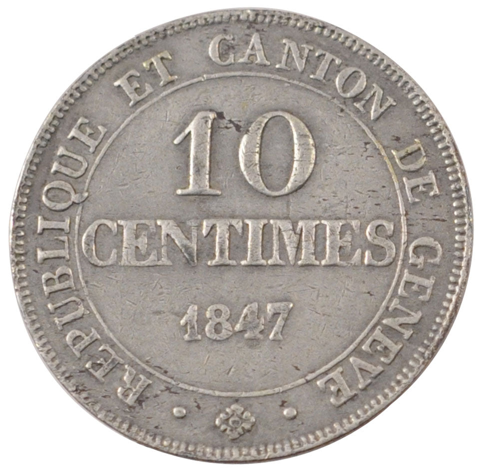 SWISS CANTONS, 10 Centimes, 1847, Genève, KM #134a, EF(40-45), Silver, 2.56