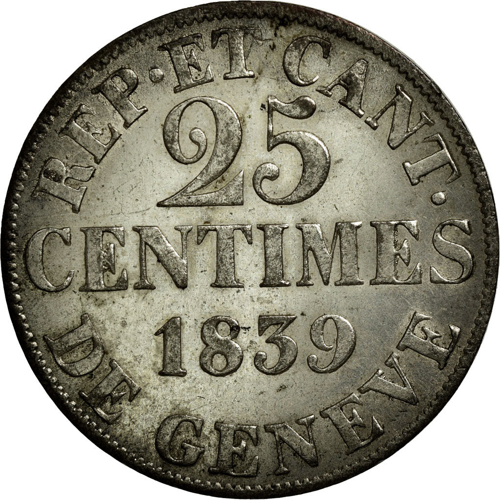 Coin, SWISS CANTONS, GENEVA, 25 Centimes, 1839, Genève, AU(50-53), Silver