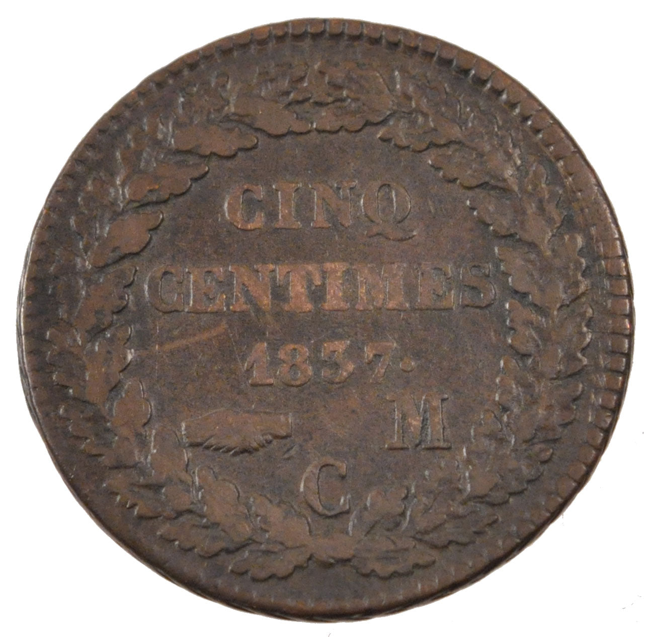 Monaco, 5 Centimes, 1837, Monte Carlo, VF(20-25), Copper, Gadoury #102, 9.12