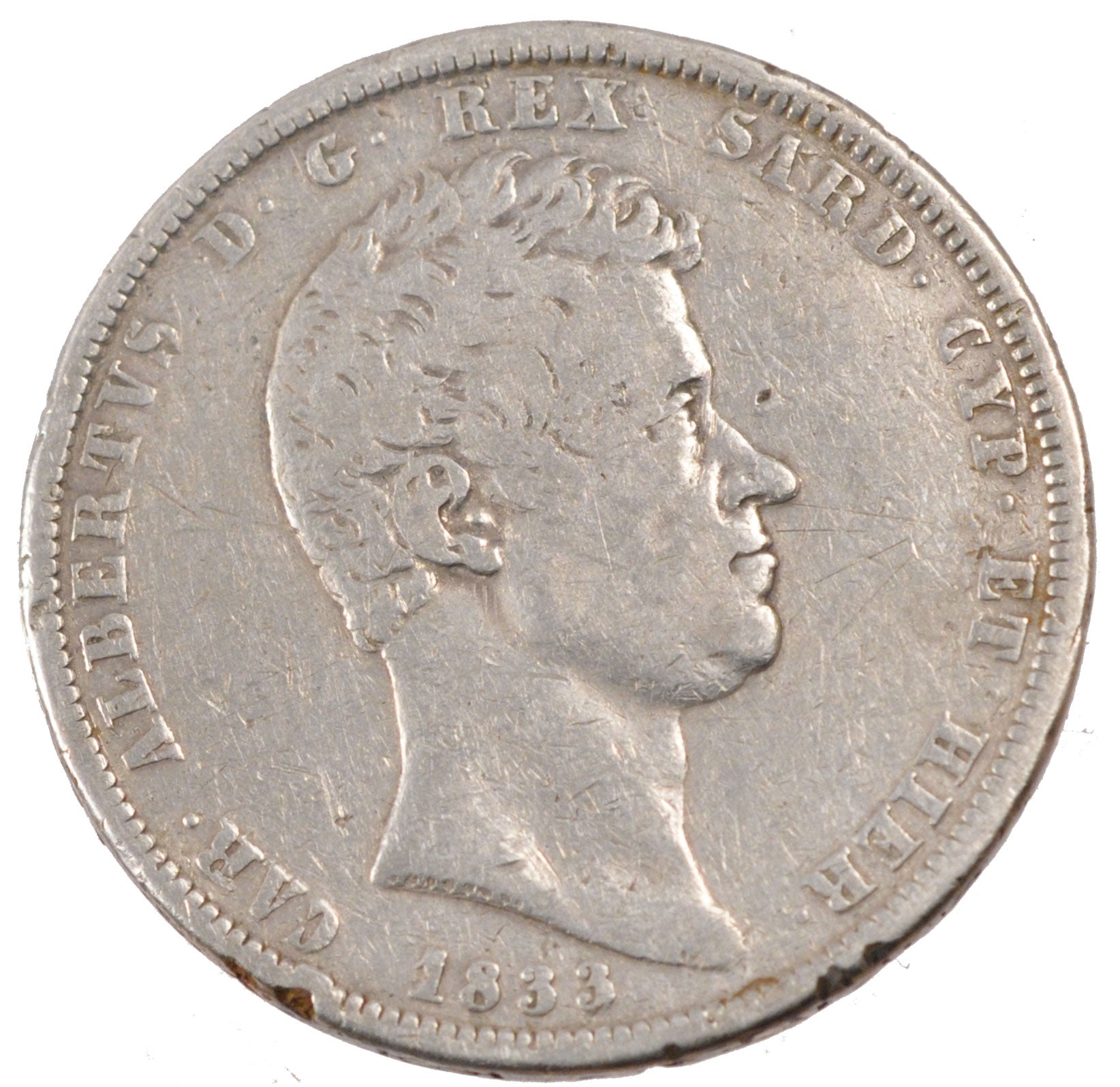 STATI ITALIANI, SARDINIA, Carlo Alberto, 5 Lire, 1833, MB, Argento, KM:130.2