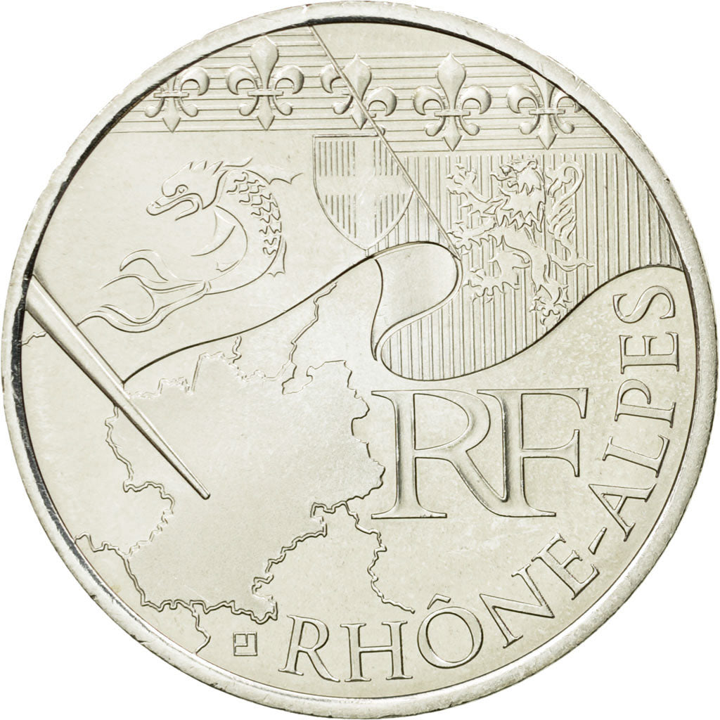 France, 10 Euro, Rhône Alpes, 2010, MS(63), Silver, KM:1670