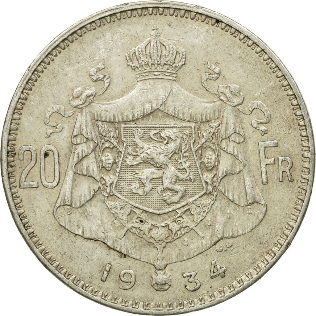 Coin, Belgium, 20 Francs, 20 Frank, 1934, EF(40-45), Silver, KM:103.1