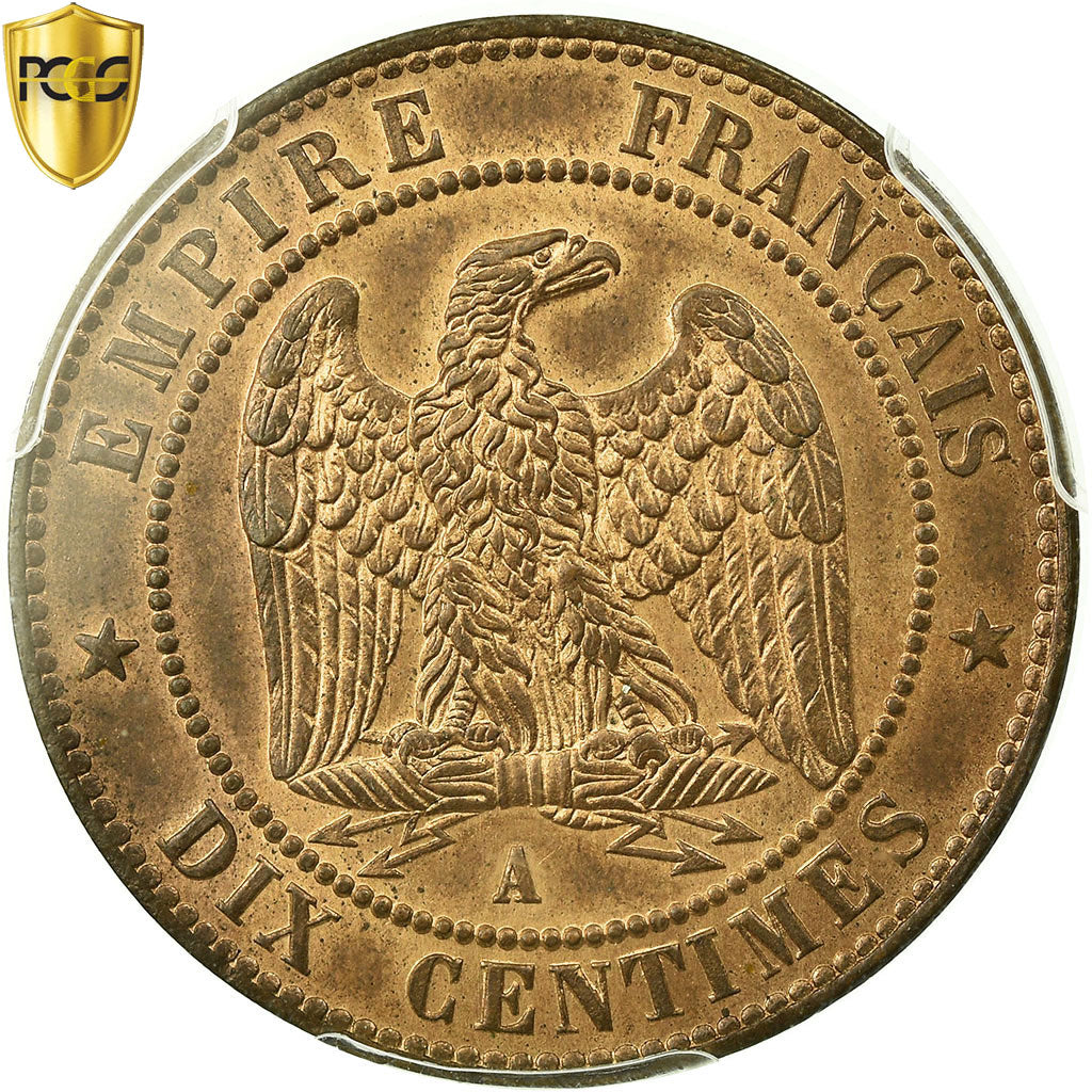 France, Napoleon III, 10 Centimes, 1862, Paris, Bronze, PCGS, MS(64)