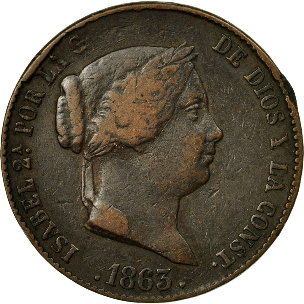 Coin, Spain, Isabel II, 25 Centimos, 1863, Segovia, VF(20-25), Copper, KM:615.2