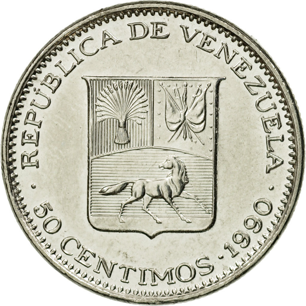 Moneta, Venezuela, 50 Centimos, 1990, BB, Acciaio ricoperto in nichel, KM:41a