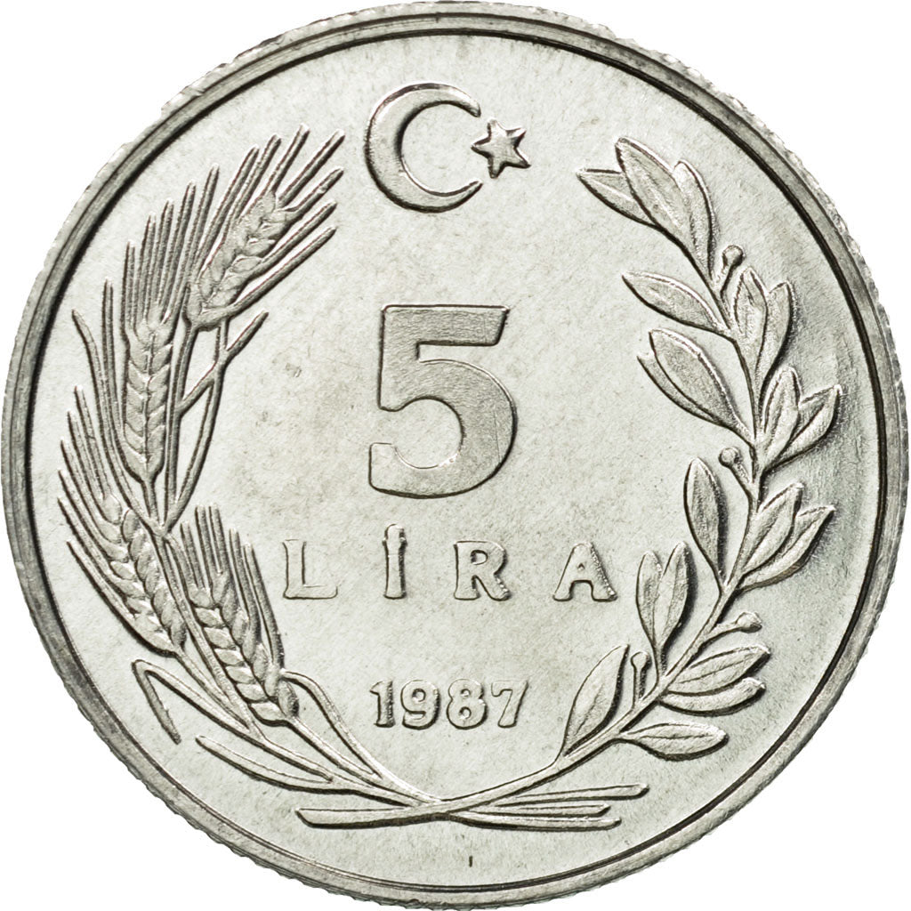 Coin, Turkey, 5 Lira, 1987, AU(55-58), Aluminum, KM:963