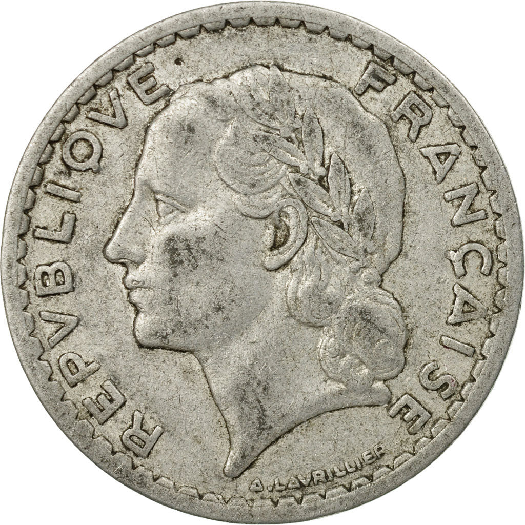 Moneda, Francia, Lavrillier, 5 Francs, 1945, Paris, BC+, Aluminio, KM:888b.1