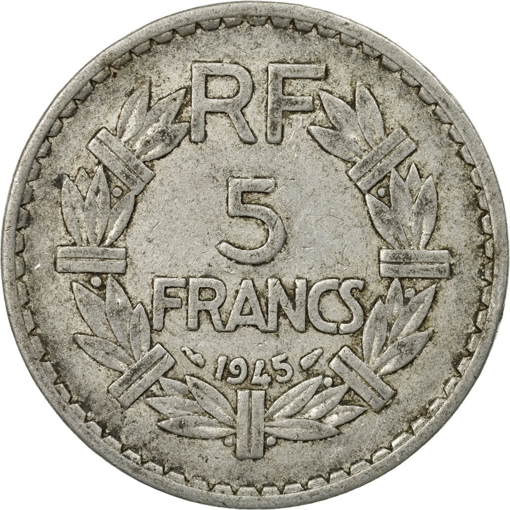 Moneda, Francia, Lavrillier, 5 Francs, 1945, Paris, BC+, Aluminio, KM:888b.1