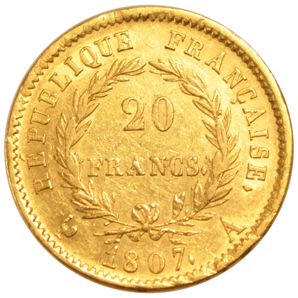 FRANCE, Napoléon I, 20 Francs, 1807, Paris, KM #A687.1, AU(50-53), Gold, Gadoury