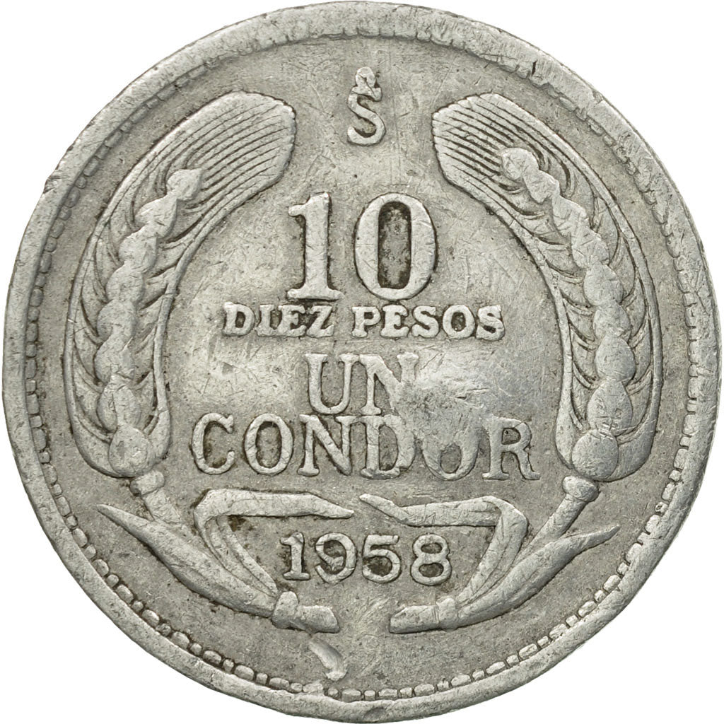 Coin, Chile, 10 Pesos, 1958, EF(40-45), Aluminum, KM:181