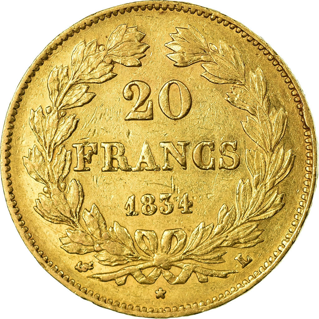 Coin, France, Louis-Philippe, 20 Francs, 1834, Bayonne, AU(50-53), Gold