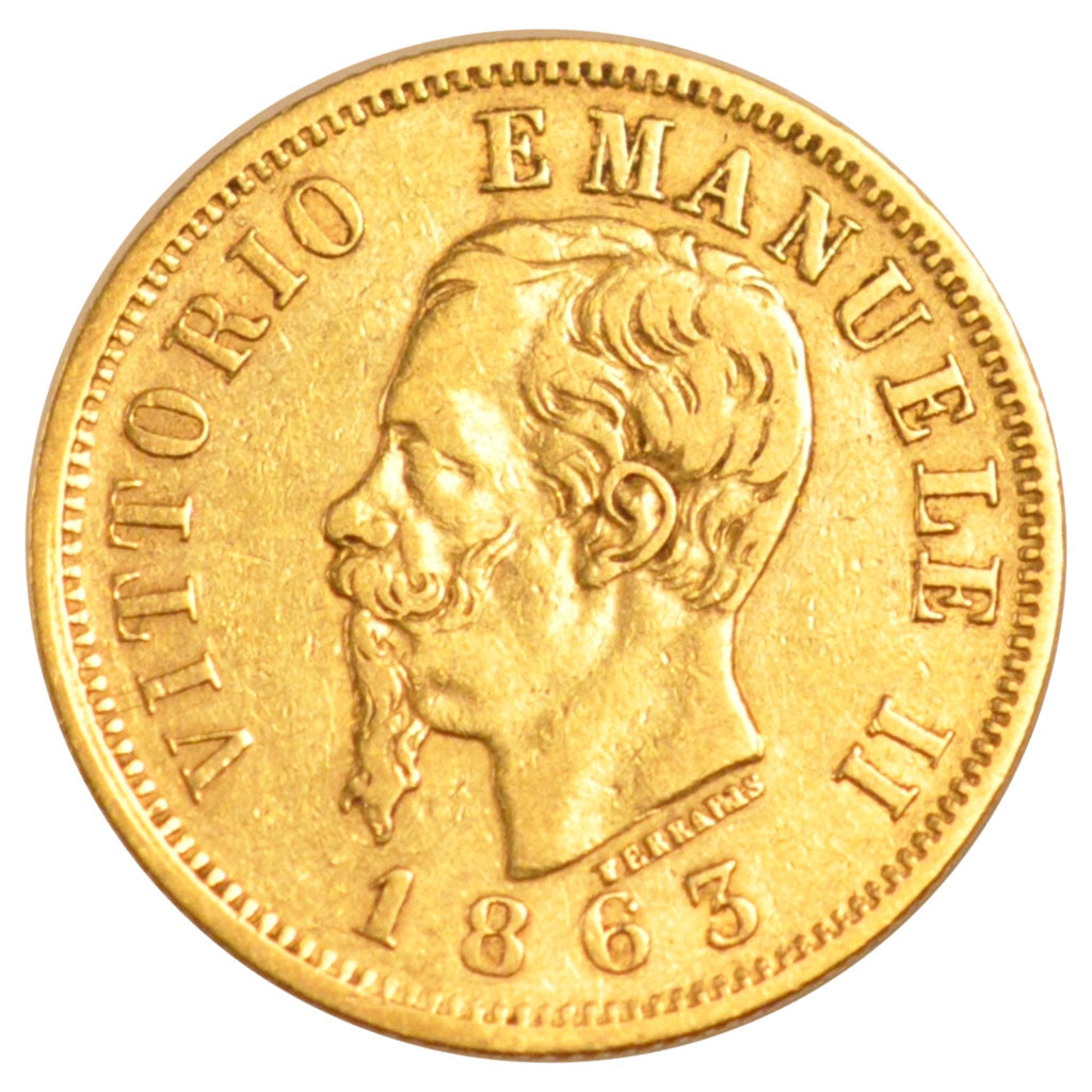 ITALY, 10 Lire, 1863, Torino, KM #9.3, EF(40-45), Gold, 19, 3.20