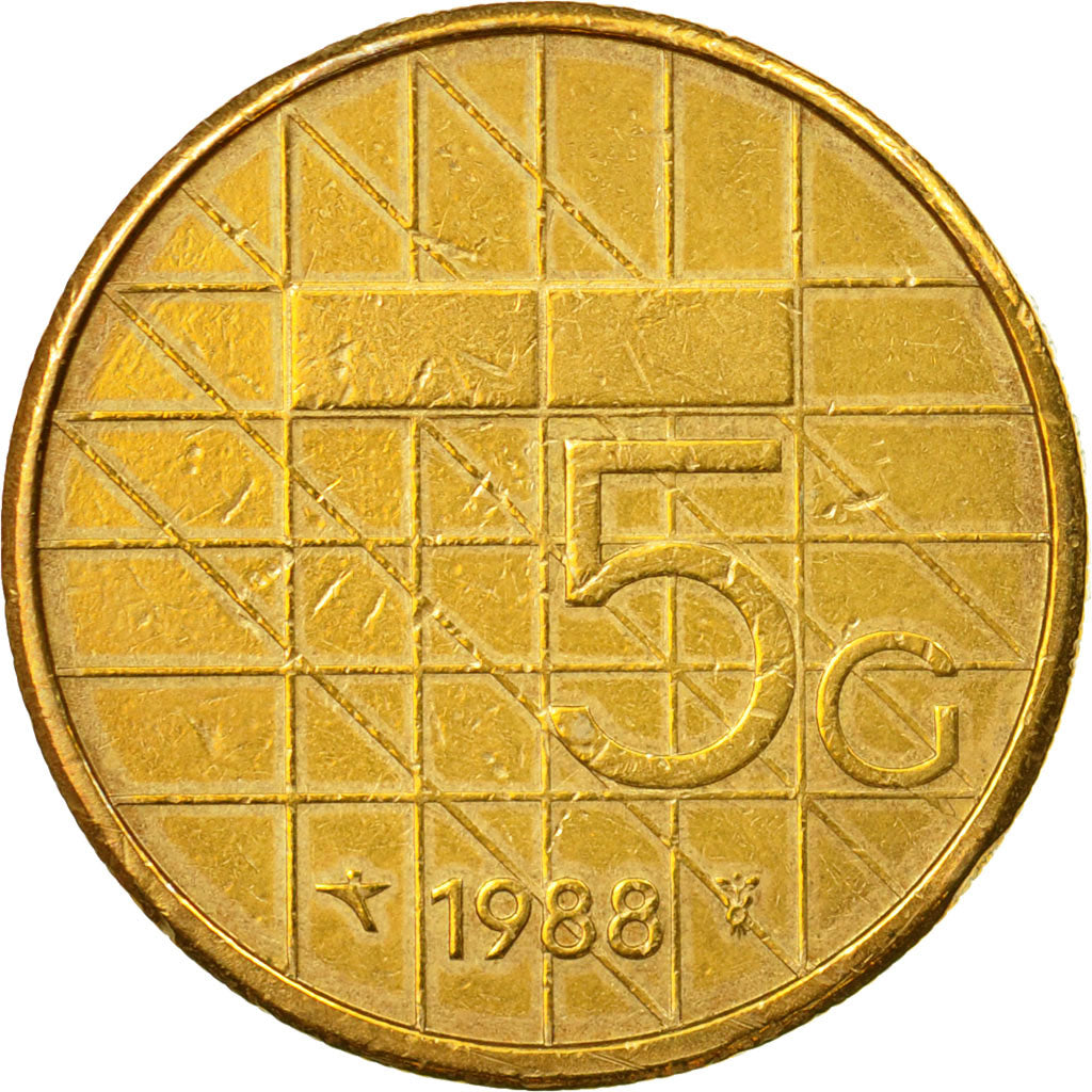 Coin, Netherlands, Beatrix, 5 Gulden, 1988, AU(50-53), Bronze Clad Nickel