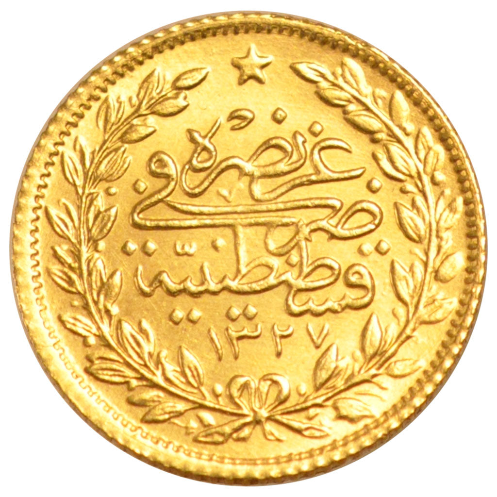 TURKEY, 50 Kurush, 1913, Qustantiniyah, KM #753, MS(60-62), Gold, 3.60