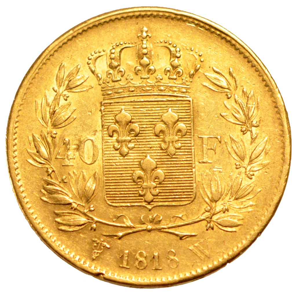 Francia, Louis XVIII, Louis XVIII, 40 Francs, 1818, Lille, BB+, Oro, KM:713.6...