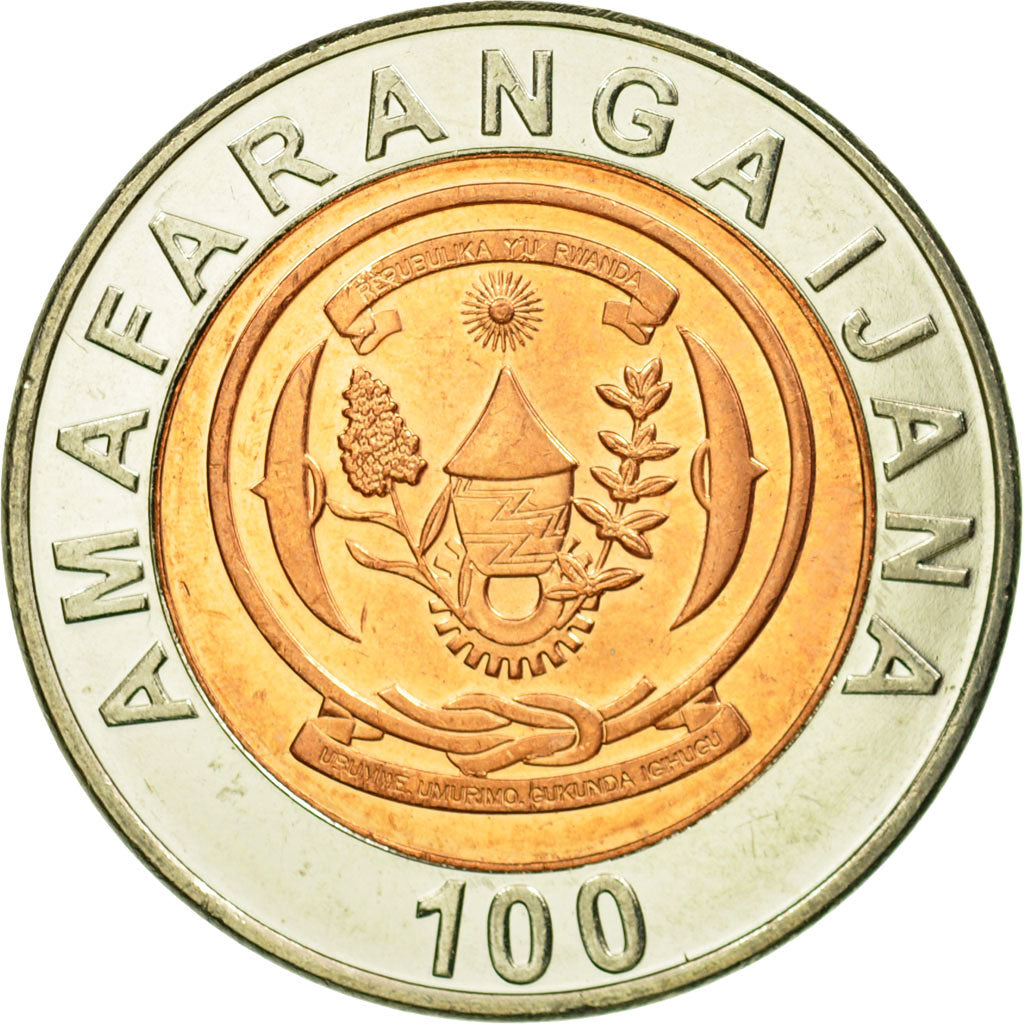 Coin, Rwanda, 100 Francs, 2007, British Royal Mint, AU(55-58), Bi-Metallic