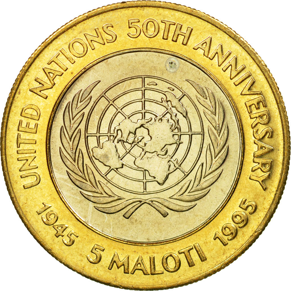 Coin, Lesotho, Moshoeshoe II, 50th Anniversary of the United Nations, 5 Maloti