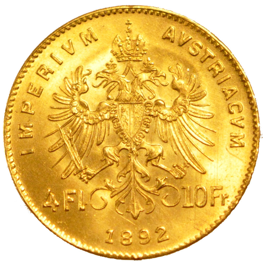 AUSTRIA, 4 Florin 10 Francs, 1892, KM #2260, MS(60-62), Gold, 3.20