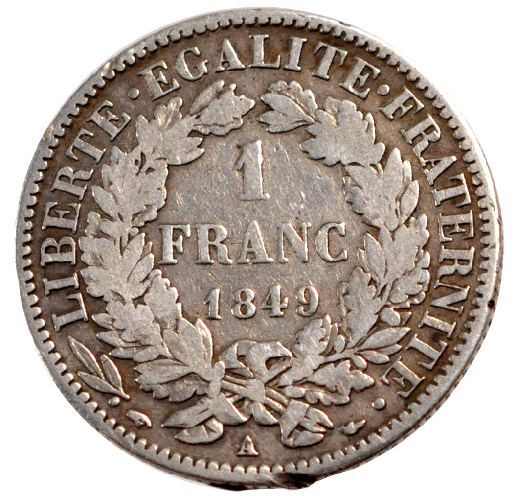 FRANCE, Cérès, Franc, 1849, Paris, KM #759.1, VF(20-25), Silver, Gadoury #457, 4