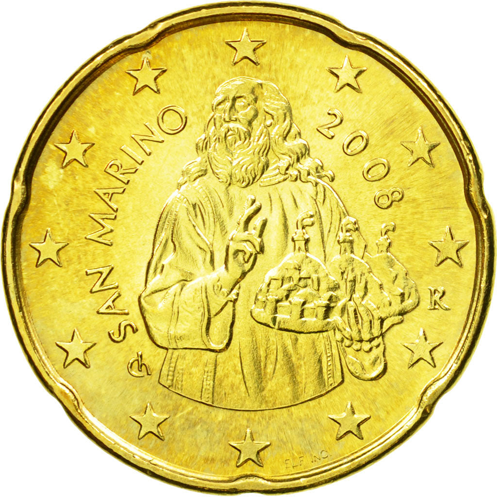 San Marino, 20 Euro Cent, 2008, SC, Latón, KM:483