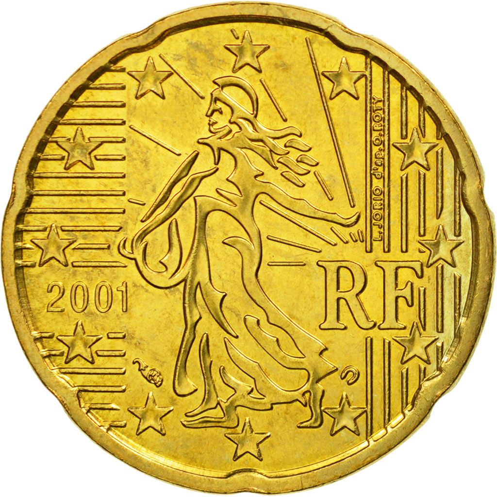 France, 20 Euro Cent, 2001, AU(55-58), Brass, Gadoury:5., KM:1286